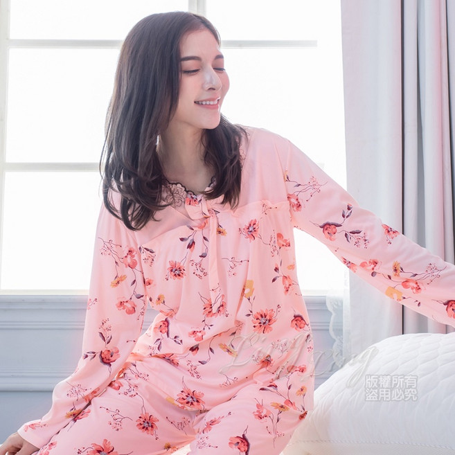【Kilei】女生睡衣 居家服 V領網紗花卉棉質長袖二件式睡衣組XA4348 全尺碼