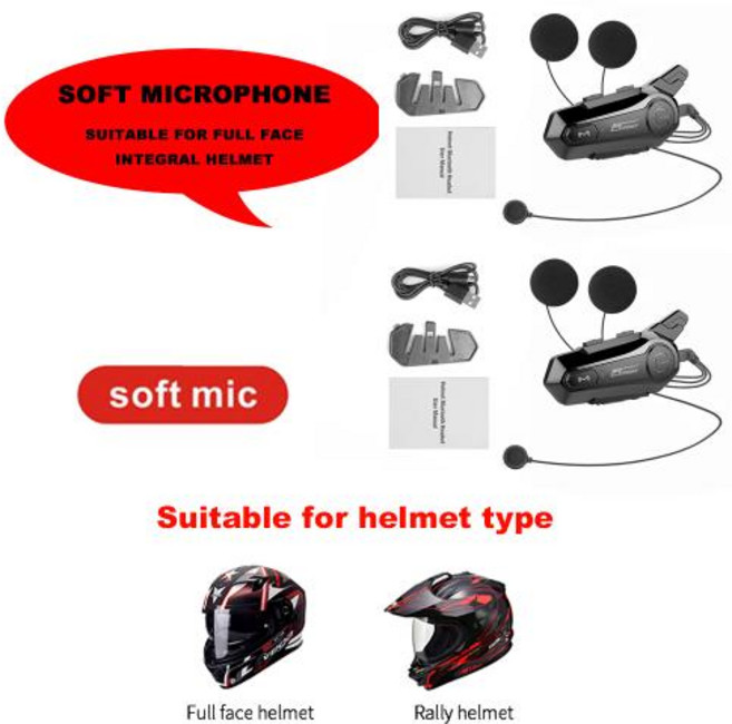 블루투스 오토바이 헬멧 인터콤 헤드셋 인터컴 V5.3 모토 음악 공유 1000M 소음 감소 인터폰 12x, 4) 2Pcs Soft Helmet, 4)2Pcs Soft Helmet