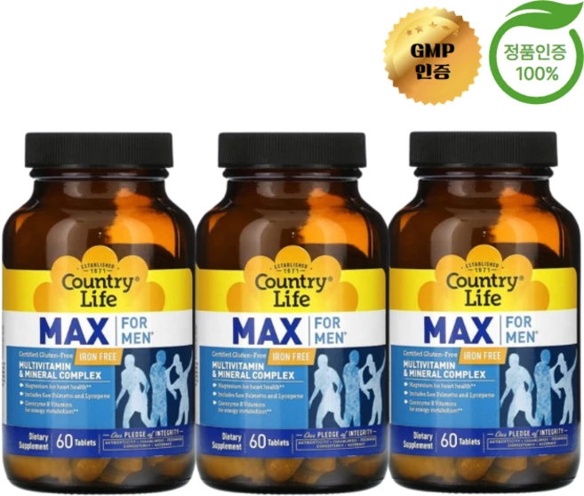 Country Life 남성용 맥스 멀티비타민 & 미네랄 복합 철분 무함유 Multivitamin & Mineral Complex, 3개, 60정 - 쿠팡