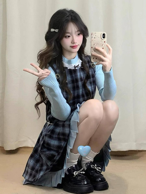 甜美格子背心連衣裙套裝 女 韓系學院風