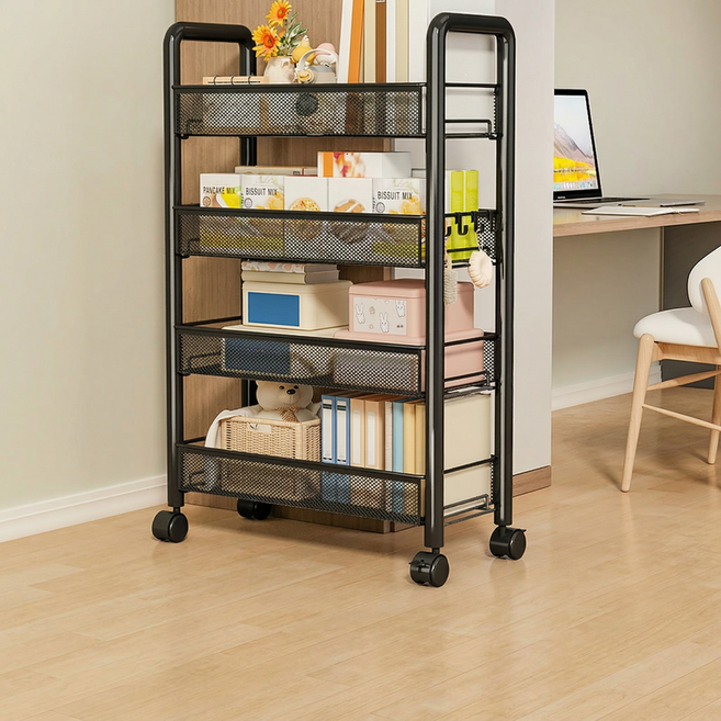 Dune 메쉬 철제 이동식 트롤리 만향바퀴 주방 정리함 수납 카트 핸들 후크 다용도, 검은색, 4단