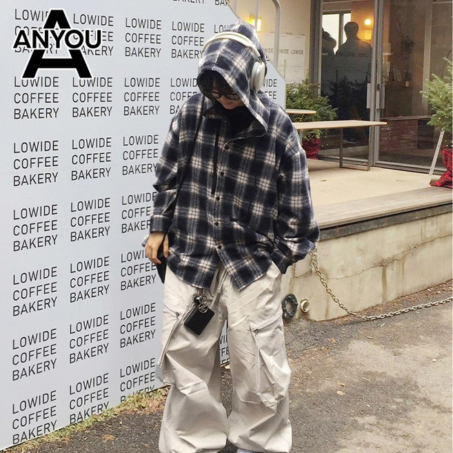 ANYOU 남성 봄가을 셔츠 체크 후드 남방 루즈핏 롱슬리브 구김없는 데일리 캐주얼 스트릿 스타일 상의 코트