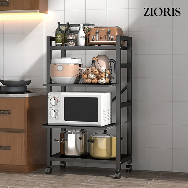 지오리스 수납완성 이동식 다용도 전자레인지 및 밥통 주방 수납장, 블랙