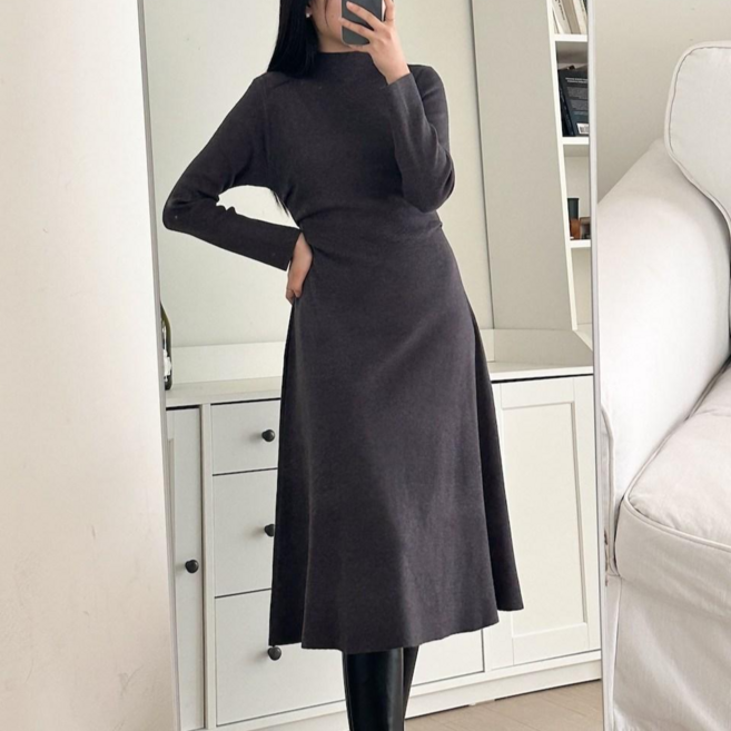 투디 여리핏 허리잘록 베이직 반폴라 반목 옆셔링 플레어 니트 롱원피스 국내제작 빅사이즈 데일리룩 오피스룩 3컬러