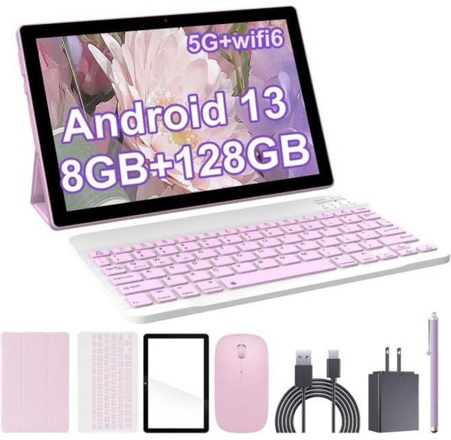 COOPERS2 in 1 태블릿 10인치 Android 13 태블릿키보드 포함 8GB64GB512GB 확장 듀얼 카메라 IPS 터치 스크린 컴퓨터 WiFi 블루투스 긴 배터리, 8GB+128GB Pink, 8GB+128GB Pink