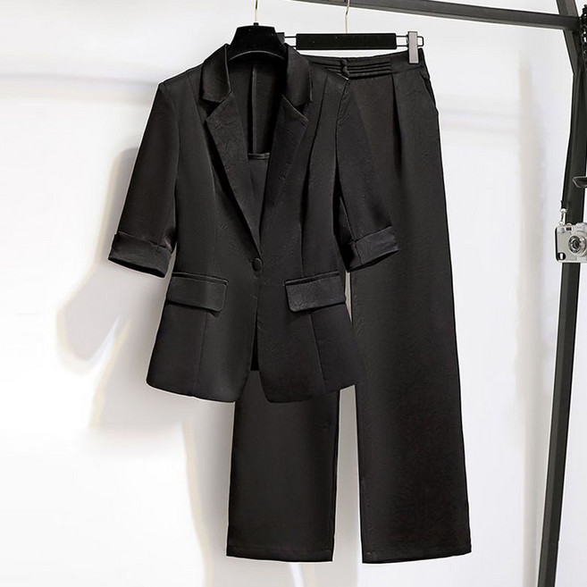 FANSYLI 여름 심플 블레이저 세트 여성 얇은 정장 재킷+끈나시+정장바지 3종 세트 고급 하객 세트 오피스룩 빅사이즈 X2507J1