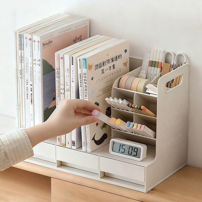 리빙픽 다용도 콤보 파일꽂이 책꽂이 책상 수납박스 펜꽂이 사무용품, 하얀색, 1개