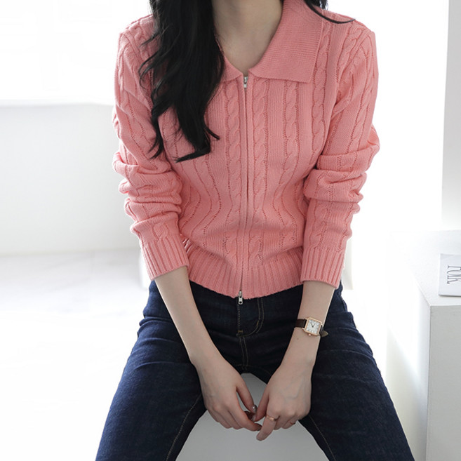 여성용 기본핏 카라넥 투웨이 클래식 케이블 니트 하밍꽈집업 가디건 g1324