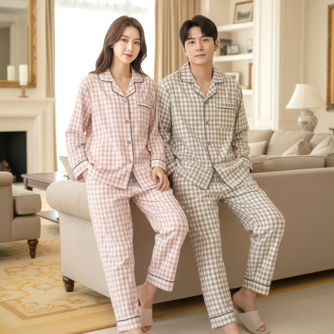 여성 잠옷 커플 파자마 세트 남성 공용 홈웨어 허니체크
