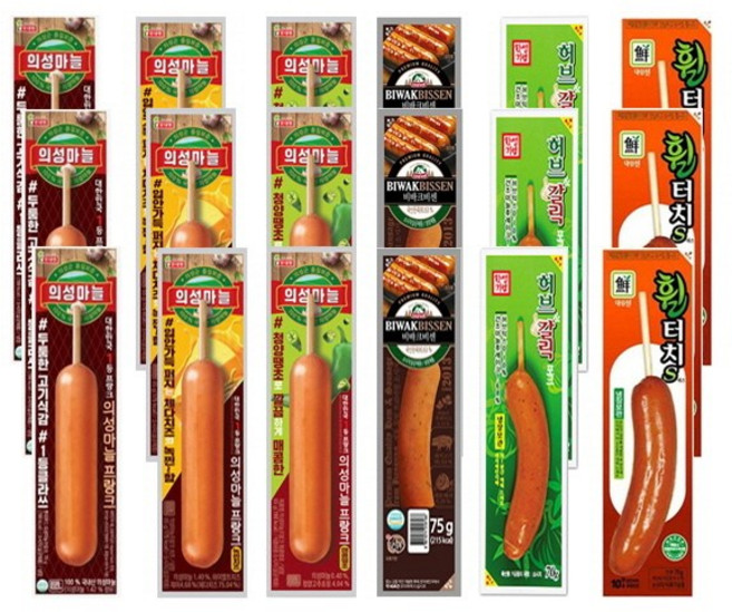 의성마늘프랑크3+의성마늘 치즈3+의성마늘 땡초3+비바크비센3+허브갈릭3+휠터치3 18개 / 편의점 핫바 후랑크 소세지, 75g