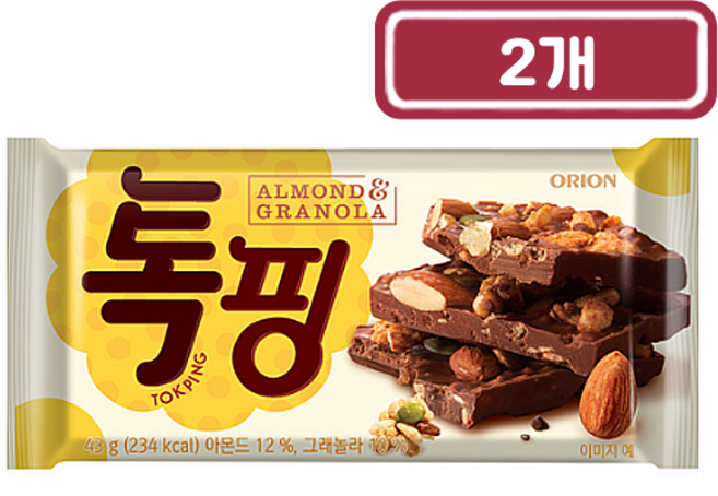 오리온 톡핑 초콜릿 아몬드 & 그래놀라, 43g, 2개