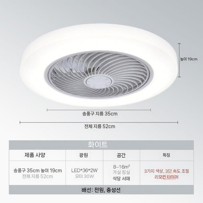 무소음 실링팬 천장형 화장실 거실 안전 선풍기 날개, B. 화이트 52CM+리모컨 80W