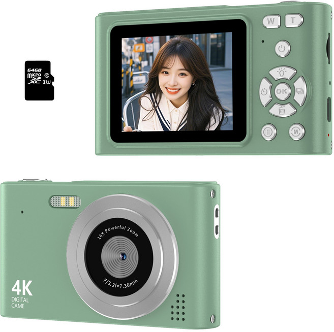 RUNHome 4800w 레트로 미니 디지털 카메라 여행용 인생+64G메모리카드, 라이트그린