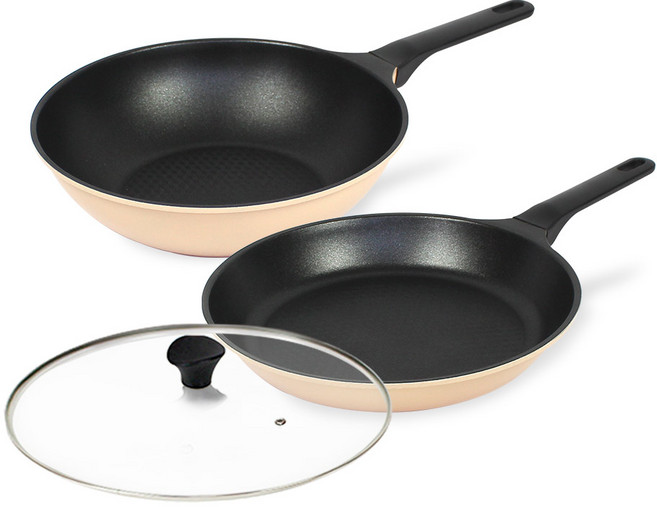 셰프리아 이지데이 셰프베이지 프라이팬 2종 + 유리뚜껑 세트, 1세트, 프라이팬28cm + 궁중팬28cm + 유리뚜껑28cm, 베이지