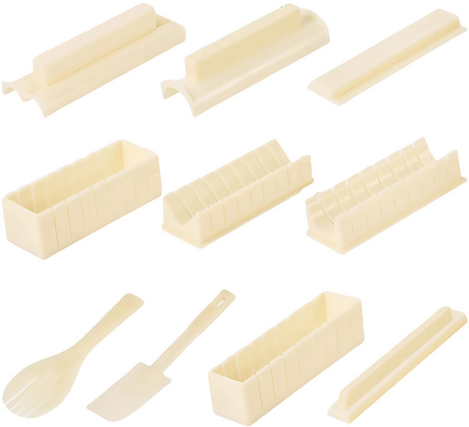 투데이리빙 10종 세트 하트 삼각 김밥발 김밥틀 김밥 말이 트레이 김밥용 구조틀 사각틀 하트틀 슬라이서 김발 초간단 소풍 요리 도구 밥주걱 주걱 포함, R98474A(아이보리, 1세트