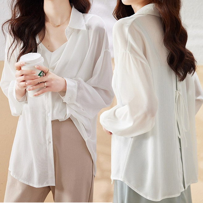 스타일아유 구김없는 쉬폰 셔츠 여성 여름 얇은 뒤트임 스트링 루즈핏 자외선 차단 아우터 BL1396