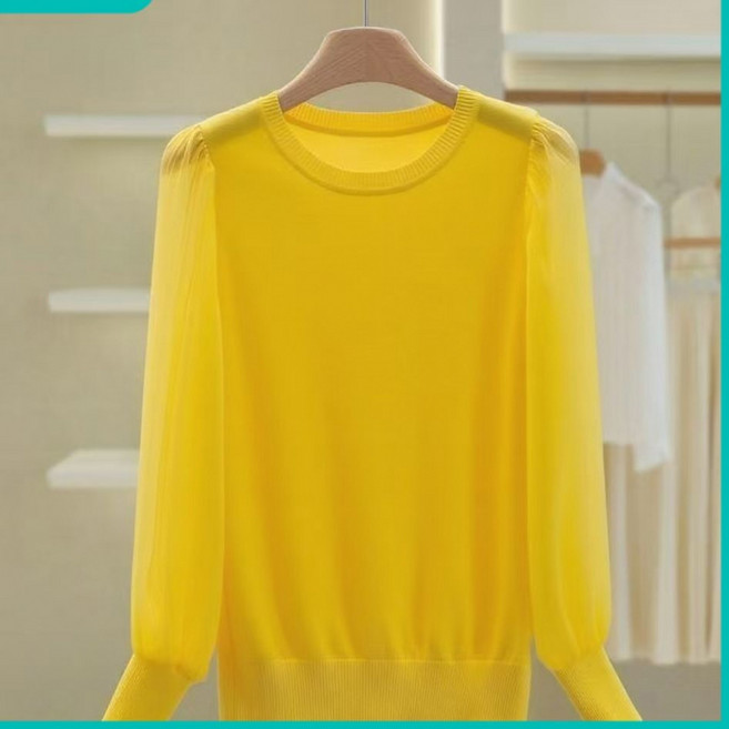 Choyur여성 봄여름 쉬폰 라운드넥 긴팔 블라우스 투명 벌룬 소매 디자인wjj