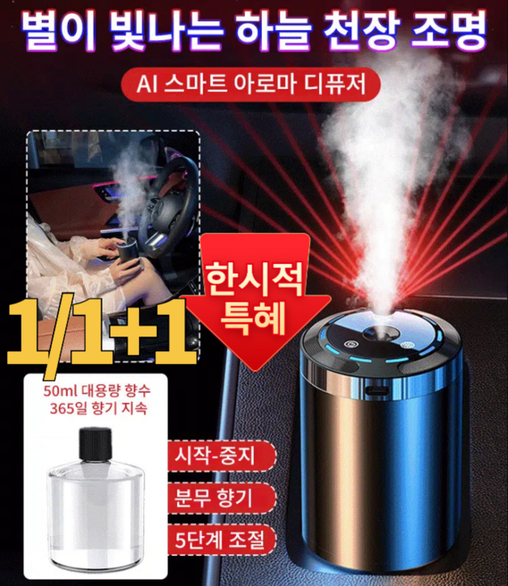 1/1+1 스마트 조명 내장 차량용 디퓨저 차량용 디퓨저 가습기, [1]5단 충전/합금 소재(치자꽃*1), C5