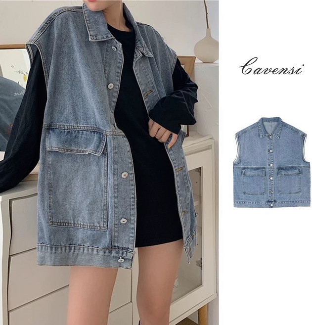 Cavensi 韓版寬鬆無袖牛仔背心