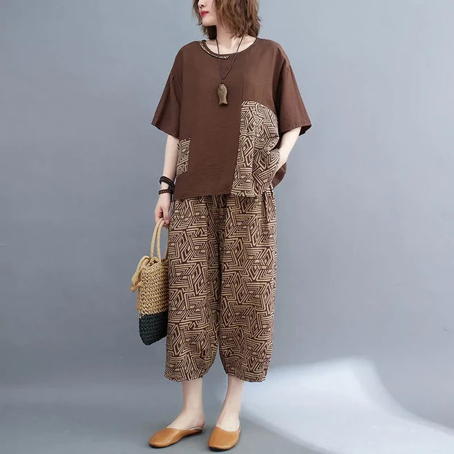 Makone 여성 순면 와이드 루즈핏 상의 빅사이즈 팬츠 상하의 세트 체형커버 빈티지 블라우스 프린트 9부 바지 투피스