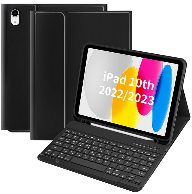 아이패드 10세대 전용 10.9인치 블루투스 키보드 케이스 연필수납 한글 각인 키보드 프리미엄 블루투스 무선 키보드 케이스, 블랙, 1개