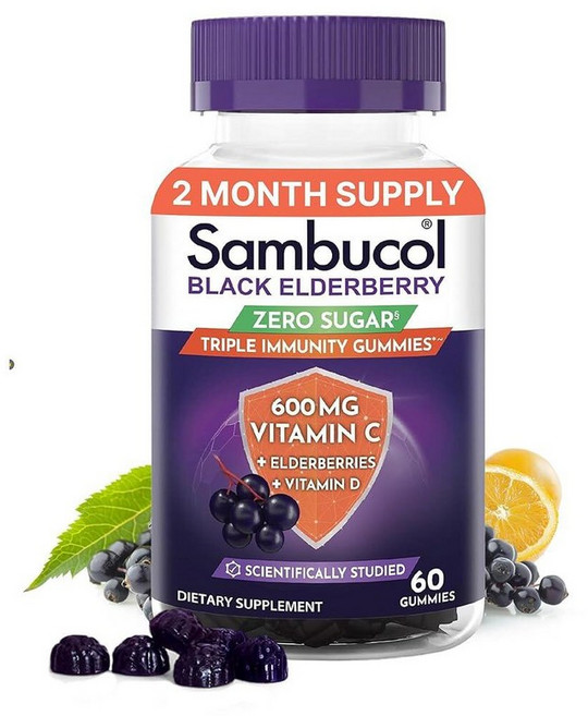 Sambucol Black Elderberry Zero Sugar 트리플 면역 젤리 - 블랙 엘더베리 비타민 C 지원 보충제 성인 및 아동용 D 함유 60개(1팩), 60 개 (1팩), 1개