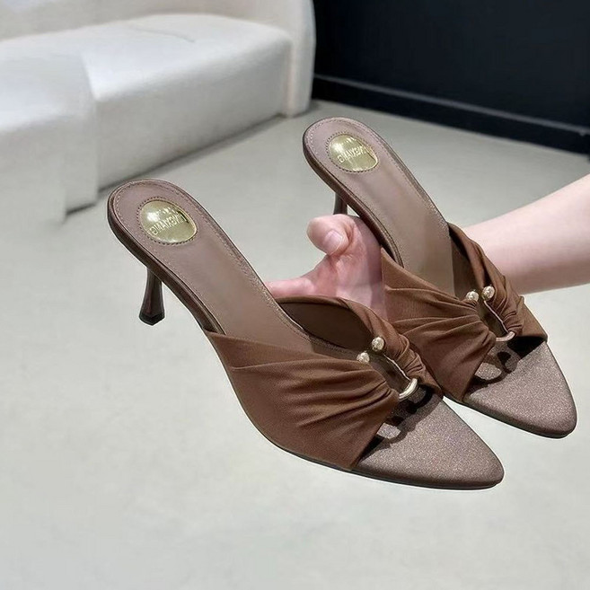 페이준 여성 여름 스틸레토 슬리퍼 셔링 메탈 버클 힐 LN4222