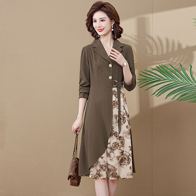 캐주얼 여성 긴팔 원피스 빅사이즈 중년 여성 쉬폰 원피스 고급 엄마복 봄가을 여자 하객원피스 CJJ