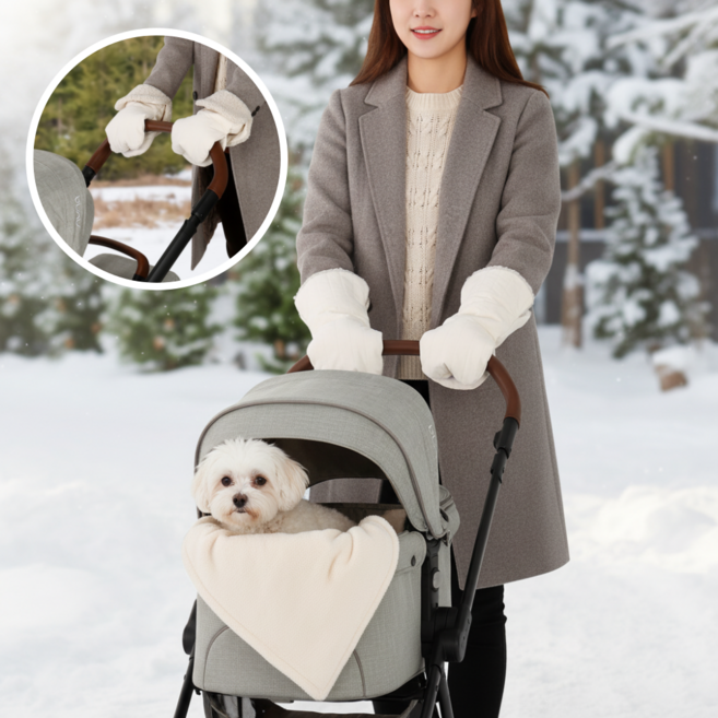 최강보온 유모차장갑 애견 개모차 핸드머프 핸들 방한 손잡이커버 핸드워머 롱핸드머프, 1개, 버튼핸드머프 베이지