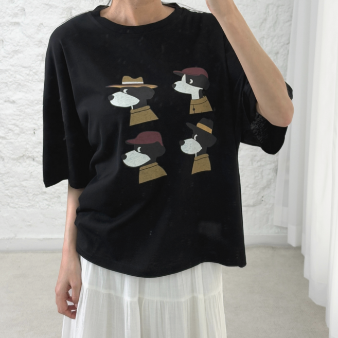 바이일이오 여성 강아지 캐릭터 프린팅 꾸안꾸룩 오버핏 여름 반팔 티셔츠