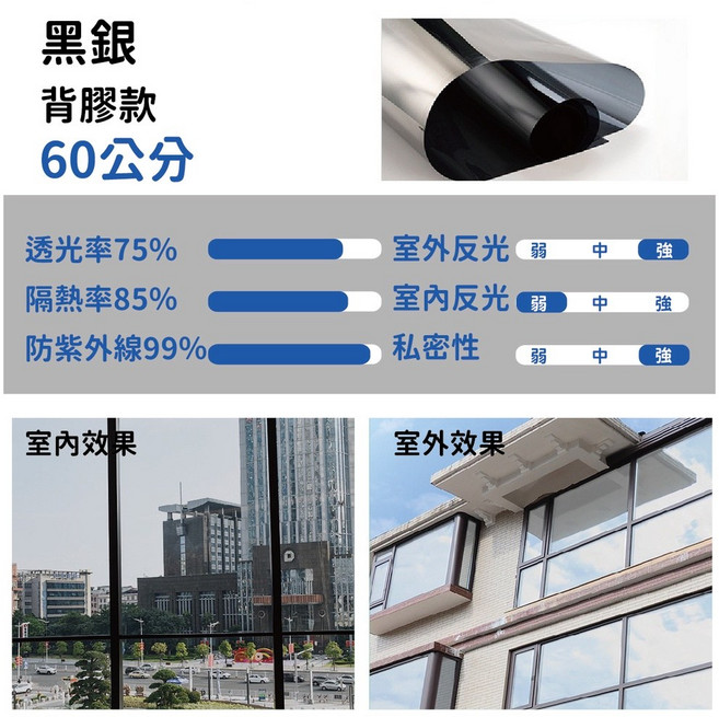 [現貨]隔熱貼 窗戶隔熱紙 隔熱紙汽車 隔熱紙窗戶 隔熱紙 玻璃隔熱紙 背膠款隔熱貼 隔熱 窗貼 60、80公分 無殘膠, 背膠款-黑銀60公分