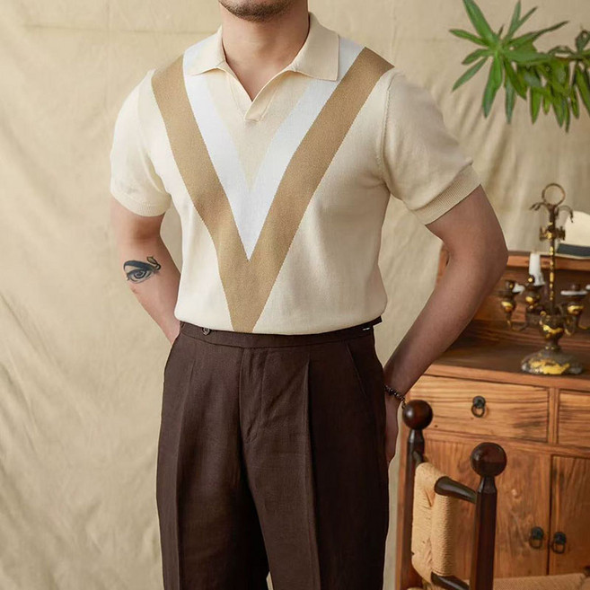 IWMAFT 남성 여름 스트라이프 프린트 카라 루즈핏 데일리 캐주얼 티셔츠 HY405