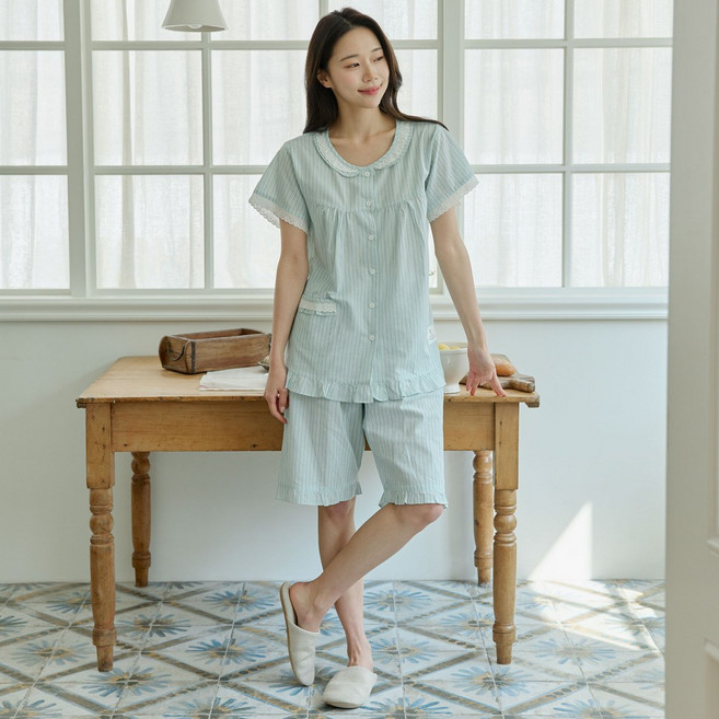 순면 여성 그린 모하 ST 반팔 상하 잠옷 파자마 홈웨어 세트 봄 여름 가을