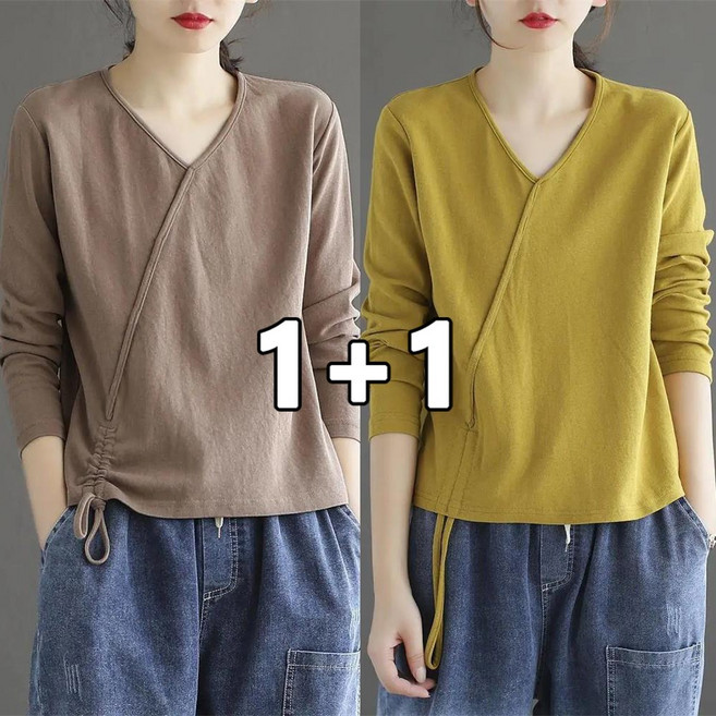 꽃소담 1+1 여성 브이넥 봄가을 긴팔 100% 순면 티셔츠 QQA1641