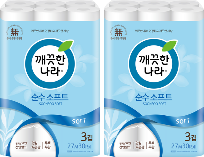 깨끗한나라 순수 소프트 천연펄프 3겹 화장지, 27m, 30롤, 2개