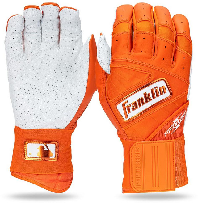 Franklin SPORTS 스포츠 MLB 배팅 장갑 - 인피니트 파워스트랩 야구 + 소프트볼 내구성 있는 풀 랩 케이지 연습 장비 롱 커프 손목 튼튼한 가죽 성인용 스몰 블랙, 성인용 엑스라지, 오렌지 하이라이트