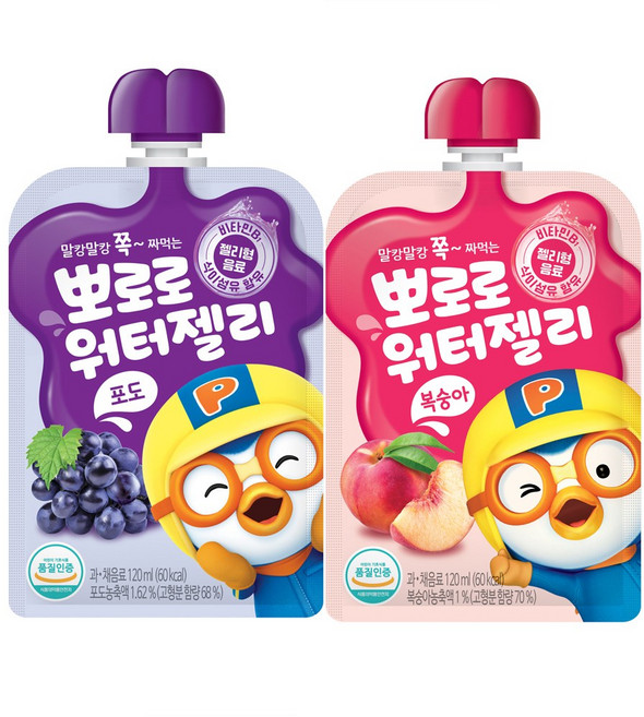 팔도 뽀로로 워터젤리 포도10개 + 복숭아10개, 포도맛10개+복숭아맛10개, 120ml, 15세트