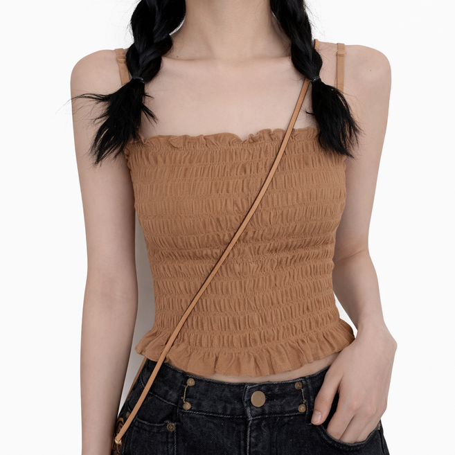 다미타니 캡일체형 슬리브리스 셔링 크롭 나시탑 OCZ0943