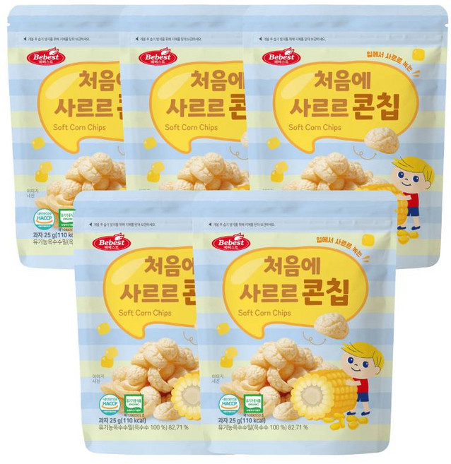 베베스트 유아용 처음에 사르르 옥수수 콘칩 과자, 옥수수맛, 25g, 5개