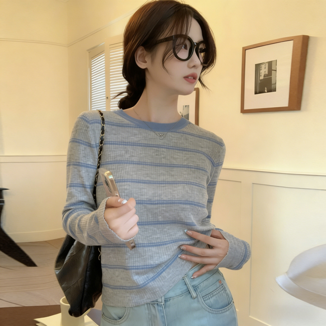 샤일리 여성 스트라이프 라운드넥 니트티