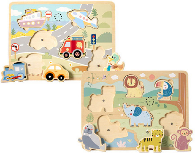 [투키토이] 소리나는 퍼즐2종(067set) 영유아 아기 사운드교구 원목입체퍼즐 소근육발달, 2종세트(교통+동물)