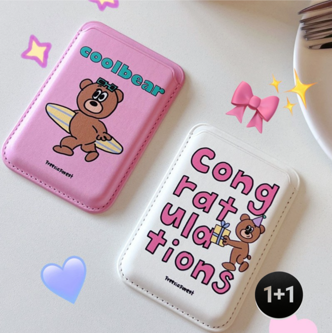 1+1 아이폰 맥세이프 카드지갑 쿨베어 일러스트 커플 우정템, 1세트, 화이트+핑크