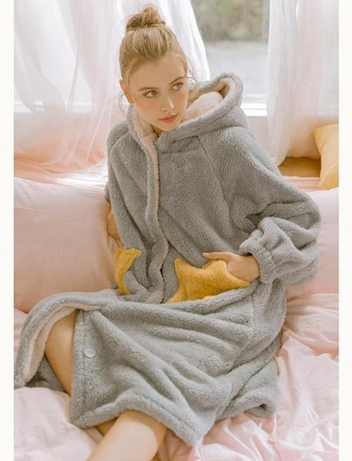 로브 가운 홈웨어원피스 로브가디건 여성 산호 양털 기모노 목욕 귀여운 후드 겨울 따뜻한 잠옷 두꺼운 잠옷 느슨한 가정 의류 잠옷
