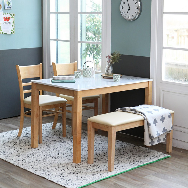 [베스트리빙] 캘빈 내츄럴 고광택 하이그로시 4인용 식탁 테이블 세트/의자4개 의자2개+2인벤치, 의자2개+벤치형, 내츄럴(아이보리방석)