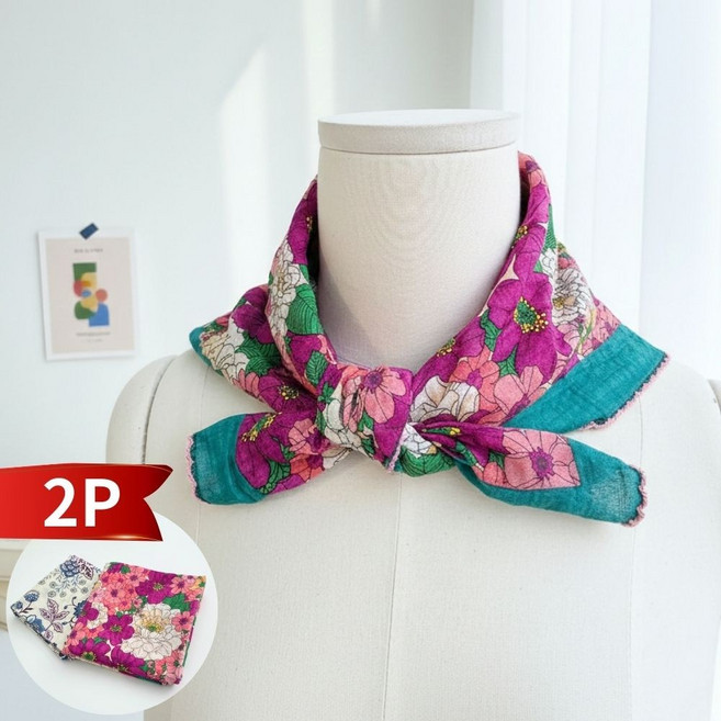 룸브리 국내산 여성 쁘띠 면 스카프 2종세트