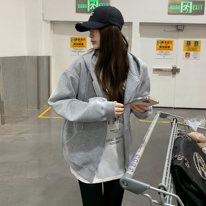 Trendy C 기모 후드집업 여성복 이른 가을 루즈핏 코트 한국계 나른한 카디건 상의 후드티