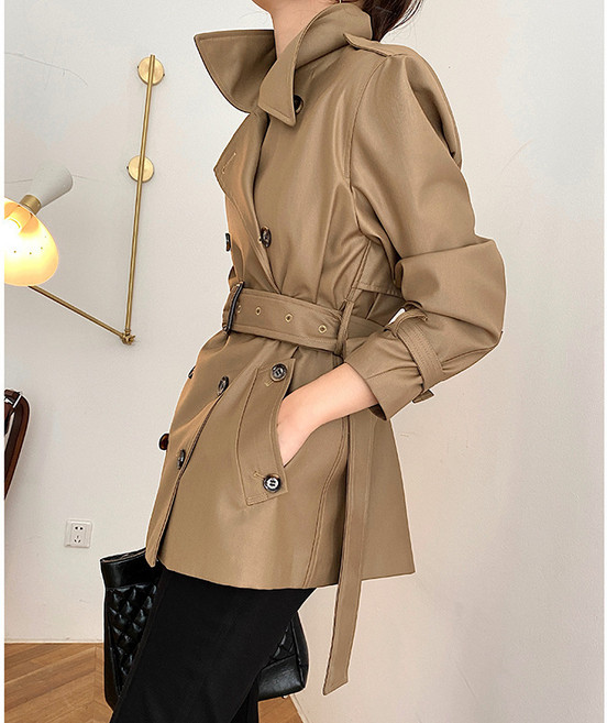 【英倫高級感】短款風衣 女式風衣 春秋外套 卡其色風衣 春季風衣 女裝外套 質感垂順 雙排扣設計 通勤約會穿搭
