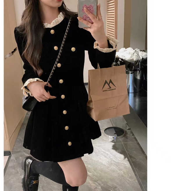 COSYEVNO 여성 미니 원피스 가을 겨울 벨벳 싱글버튼 기질 스커트