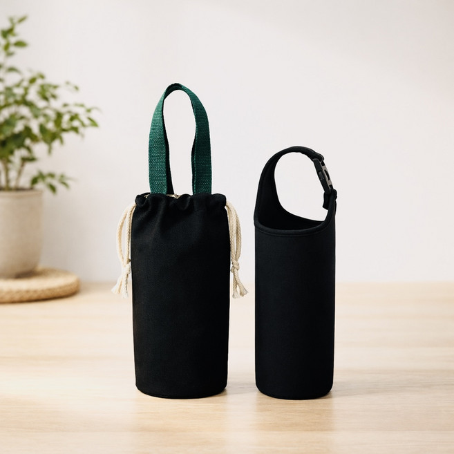 텀블러 파우치 보온보냉 물병 주머니 캔버스 복조리형+네오플랜 클립형 900ml 2종세트, 1세트, 블랙+블랙