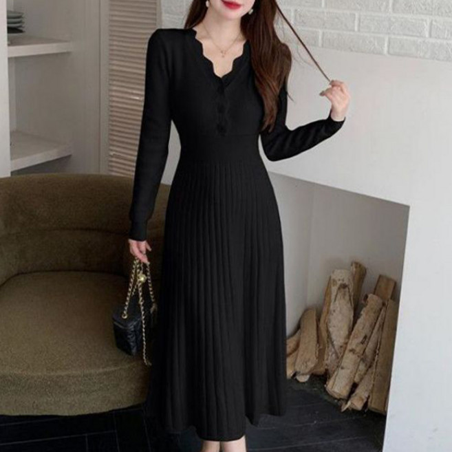 데일로엔 여성 웨이브 넥 라인 버튼 니트 원피스